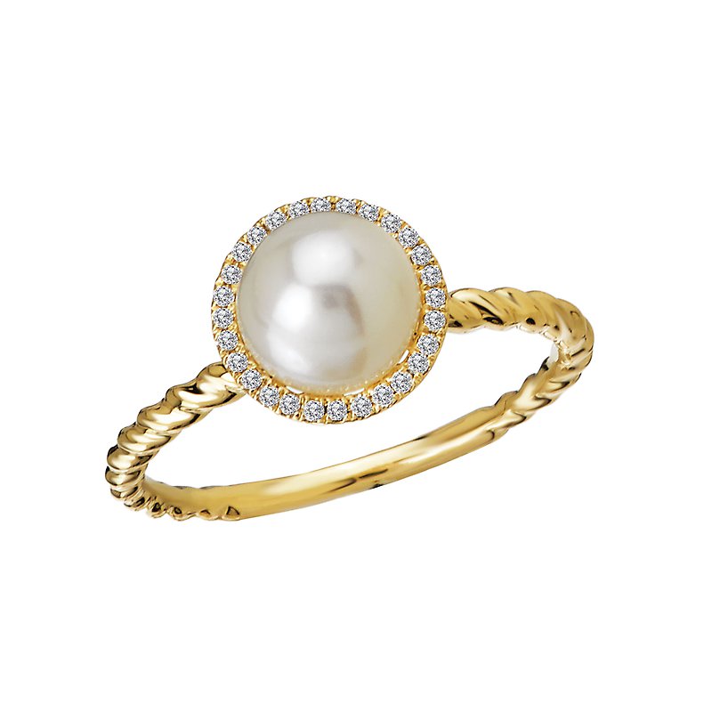 Luxora 14K Yellow Gold Halo Diamond and Pearl Ladies Fashion Ring