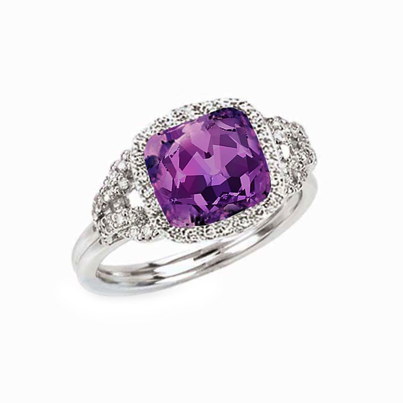 Luxora Ladies Fashion Amethyst Halo Ring in 14K White Gold