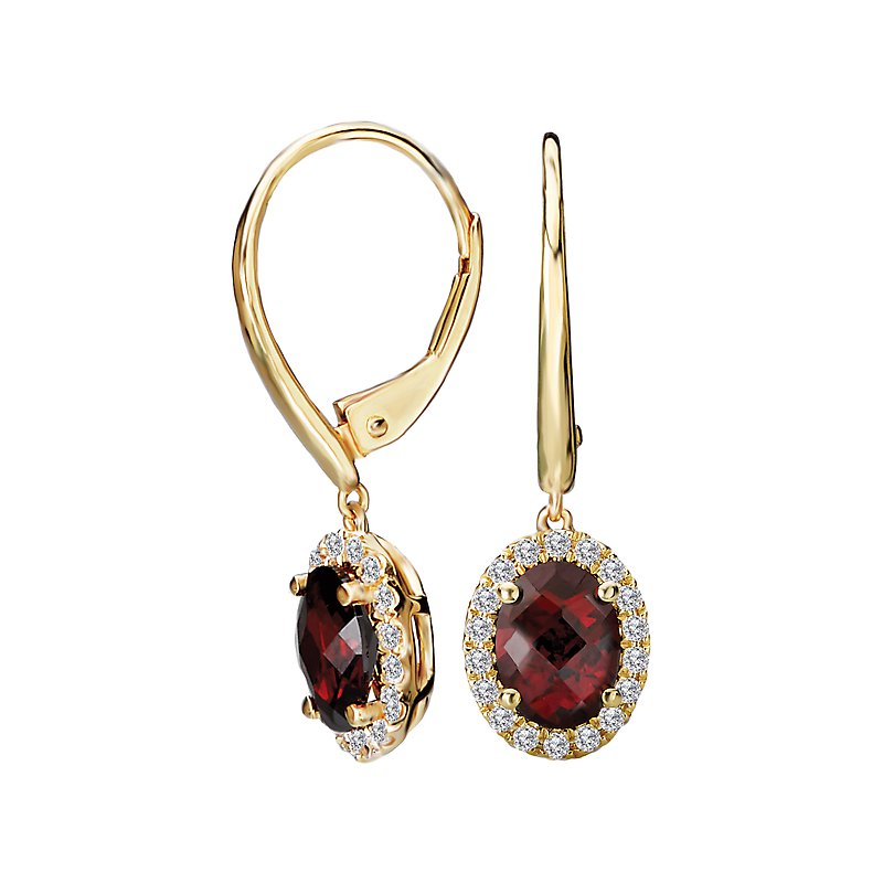 Luxora 14K Yellow Gold Garnet Halo Diamond Dangle Earrings