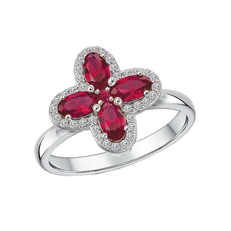Luxora Ladies Fashion Gemstone Ring | 14K White Gold Ruby and Diamond Clover Ring