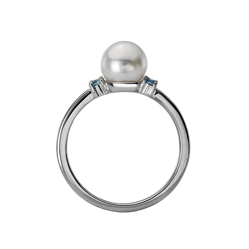 Luxora Ladies Fashion Pearl Ring - 14K White Gold Band with Freshwater Pearl and Blue Topaz Stones