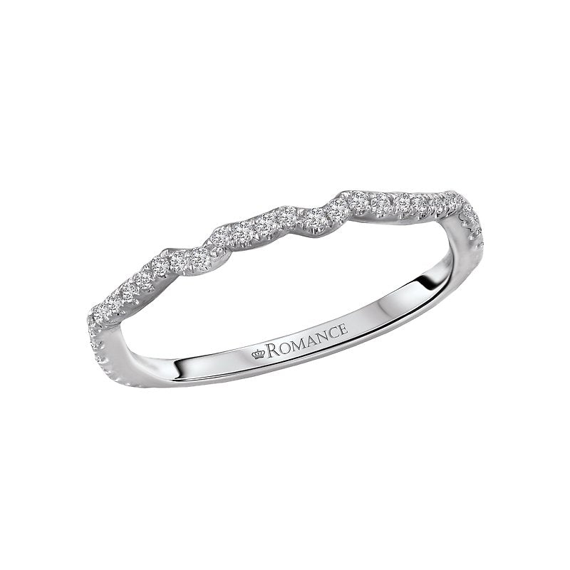 Orbelle Curved Wedding Band in 18K White Gold with Round Faceted Diamond