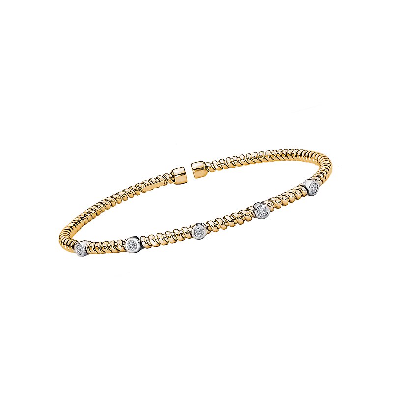 Luxora 14kt Yellow Gold Italian Bangle Bracelet with 1/4 Carat Round White Diamond Stations