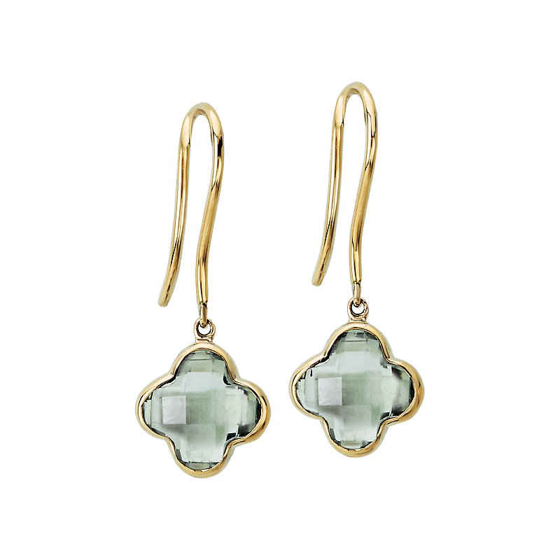 Luxora Green Amethyst 14K Yellow Gold Clover Dangle Earrings