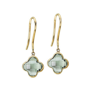 Luxora Green Amethyst 14K Yellow Gold Clover Dangle Earrings
