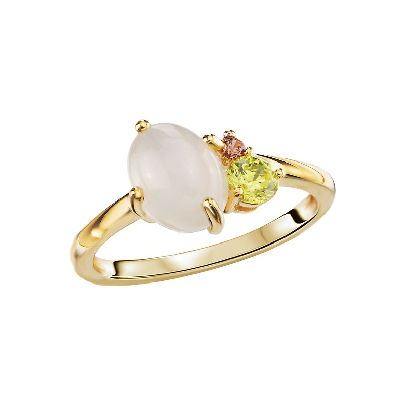 Luxora 14K Yellow Gold Oval Moonstone and Peridot Ladies Fashion Ring with Brown Diamond Accent