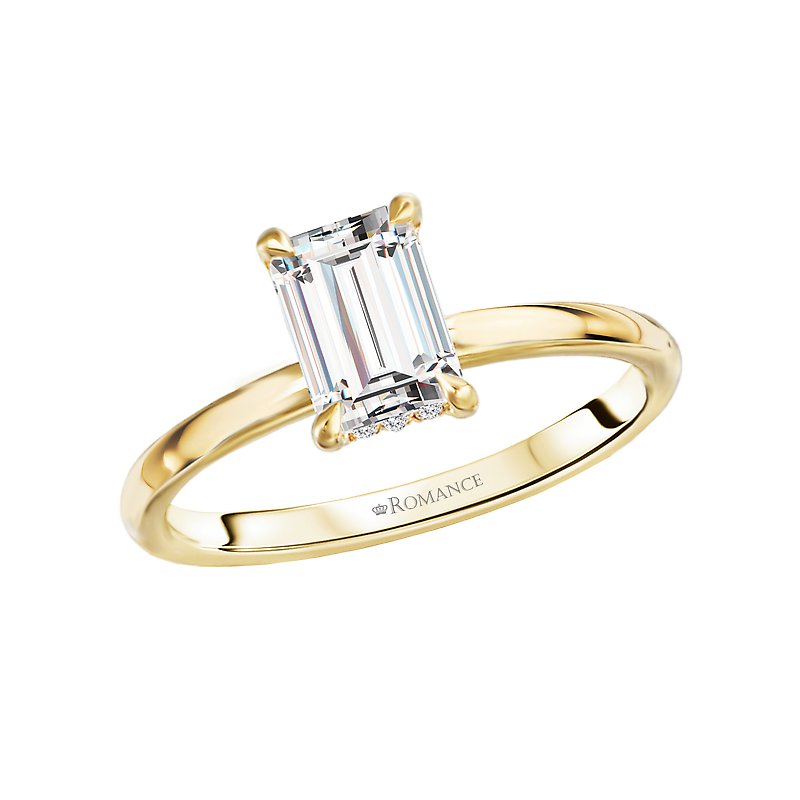 14K Yellow Gold Hidden Halo Diamond Engagement Ring for 7x5mm Emerald Cut Stone