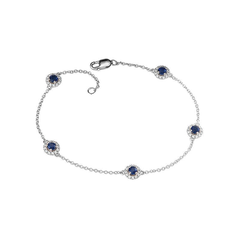 Luxora Sapphire and Diamond Fashion Bracelet - 14K White Gold Chain with Round Sapphires and Diamond Halos