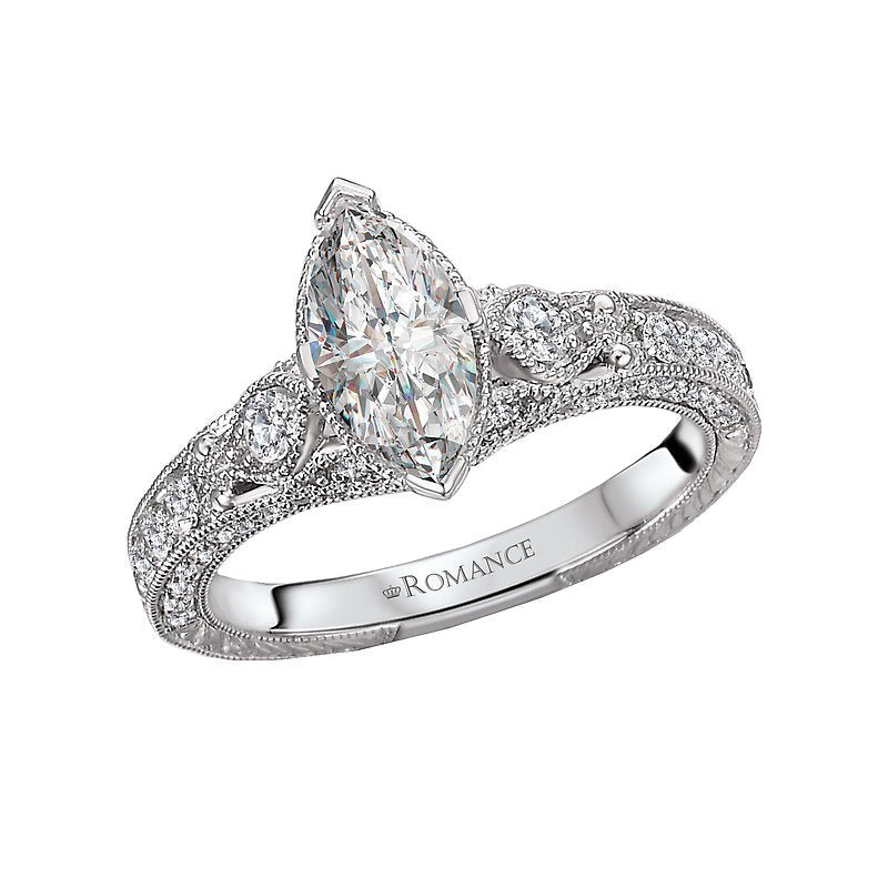 Vintage 14K White Gold Diamond Semi-Mount Ring for Marquise Cut Stone