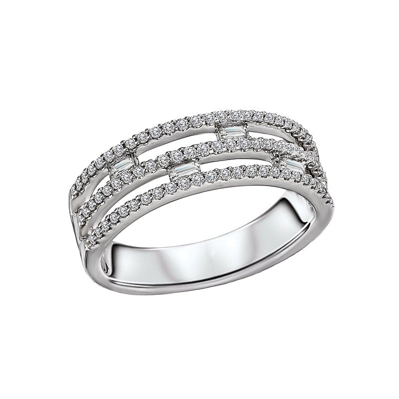 Luxora 14K White Gold Ladies Fashion Diamond Ring with Round and Baguette Diamonds