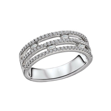 Luxora 14K White Gold Ladies Fashion Diamond Ring with Round and Baguette Diamonds