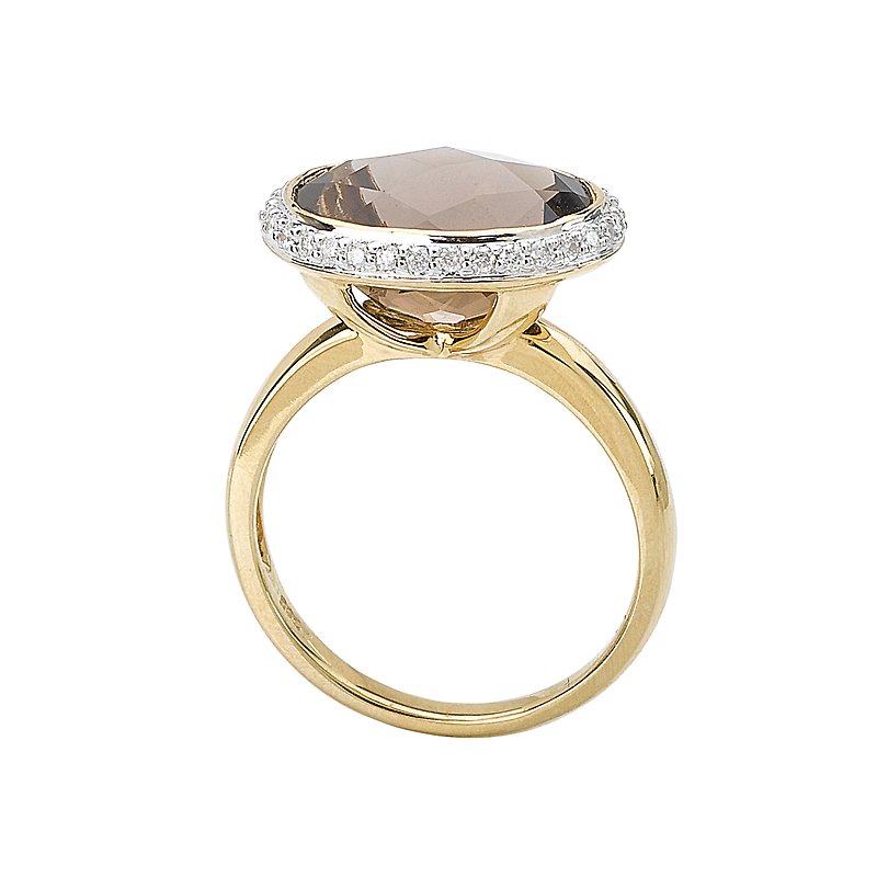 Luxora Ladies Fashion Gemstone Halo Ring with Smoky Quartz and Brown Diamond in 14kt White and Yellow Gold - Size 6