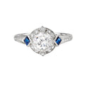 Vintage 14K White Gold Engagement Ring with Lab Grown Diamond, Sapphire, and Engraved Designs