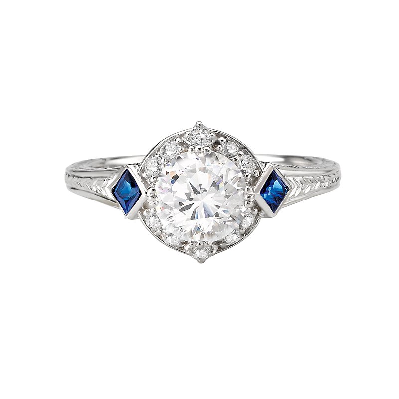 Vintage 14K White Gold Engagement Ring with Lab Grown Diamond, Sapphire, and Engraved Designs