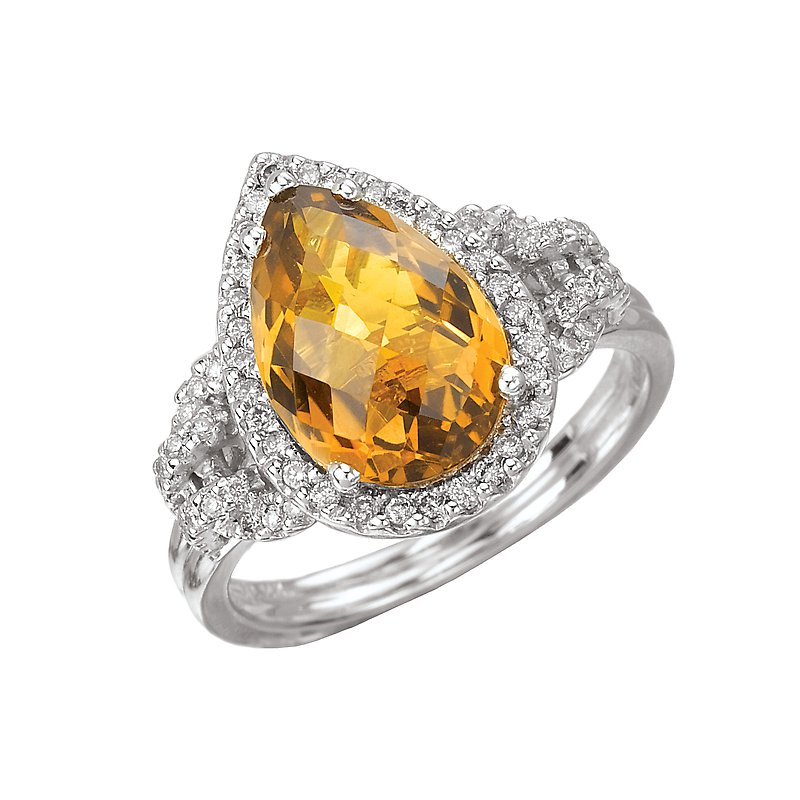 Luxora Ladies Fashion Ring - 14K White Gold Halo Citrine and Diamond Ring