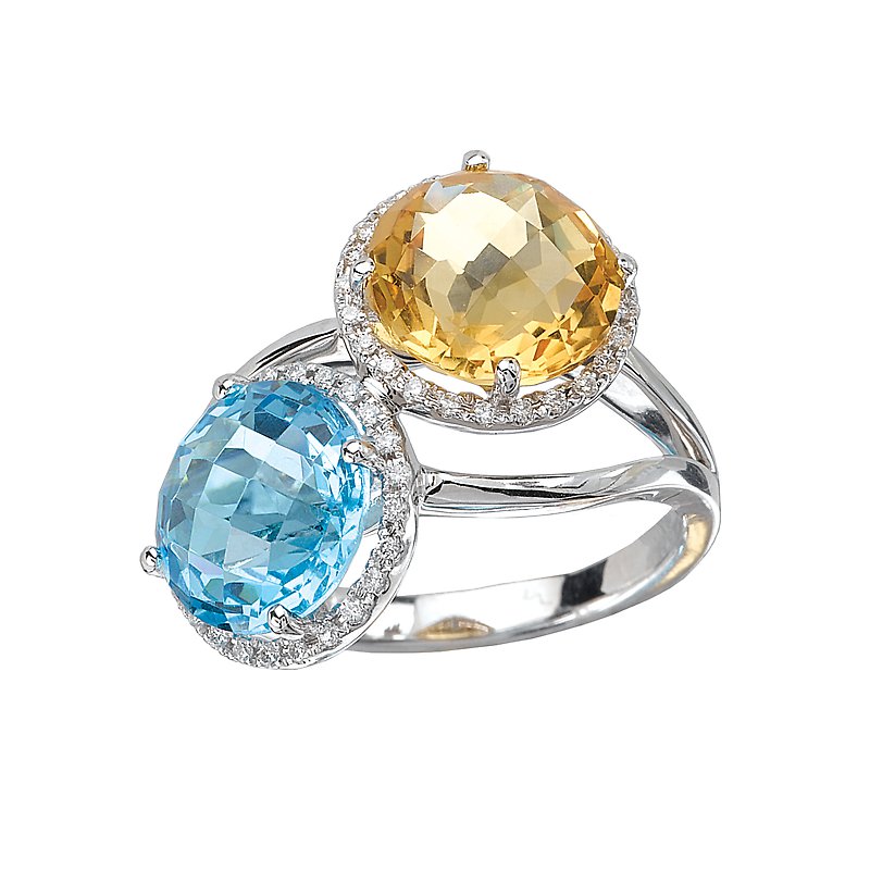 Luxora Ladies Fashion Gemstone Ring - 14K White Gold Halo Ring with Blue Topaz, Citrine, and Diamond Accents