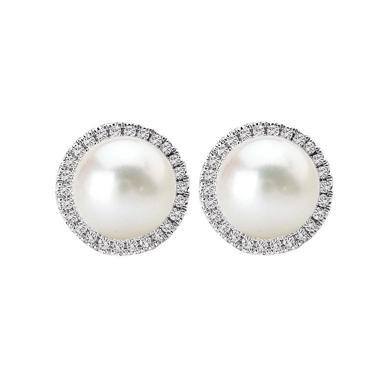 Luxora Pearl and Diamond Stud Earrings - 14K White Gold, Freshwater Cultured Pearl, D.15 carat total weight