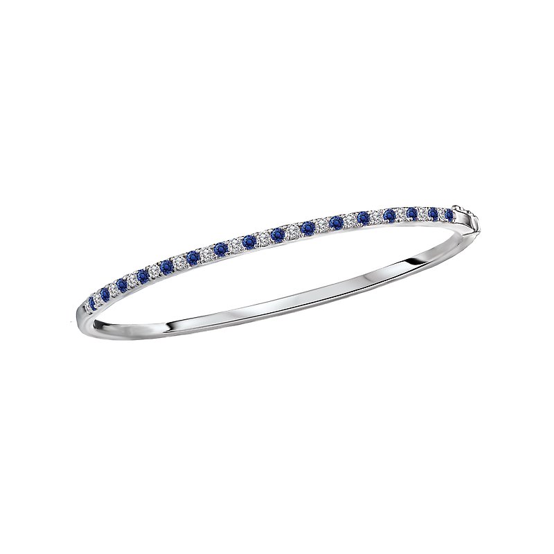 Luxora Ladies Fashion Diamond and Sapphire Hinged Bangle Bracelet in 14K White Gold