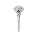 Vintage 14K White Gold Engagement Ring with Lab Grown Diamond, Sapphire, and Engraved Designs