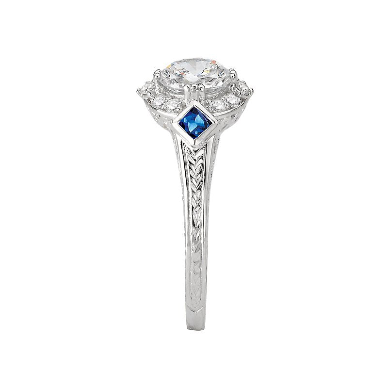 Vintage 14K White Gold Engagement Ring with Lab Grown Diamond, Sapphire, and Engraved Designs