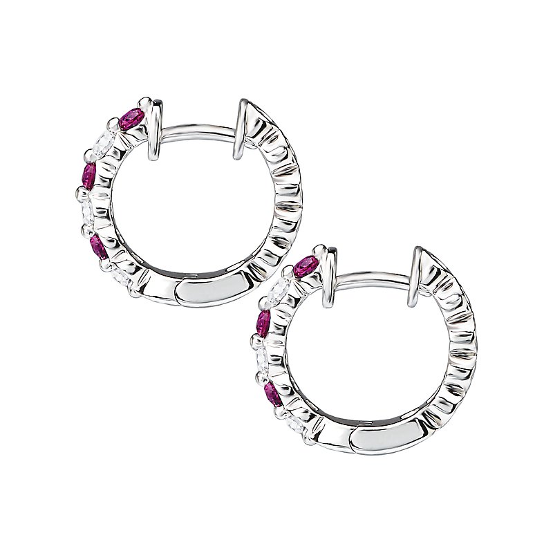 Luxora Diamond and Ruby Hoop Earrings in 14K White Gold