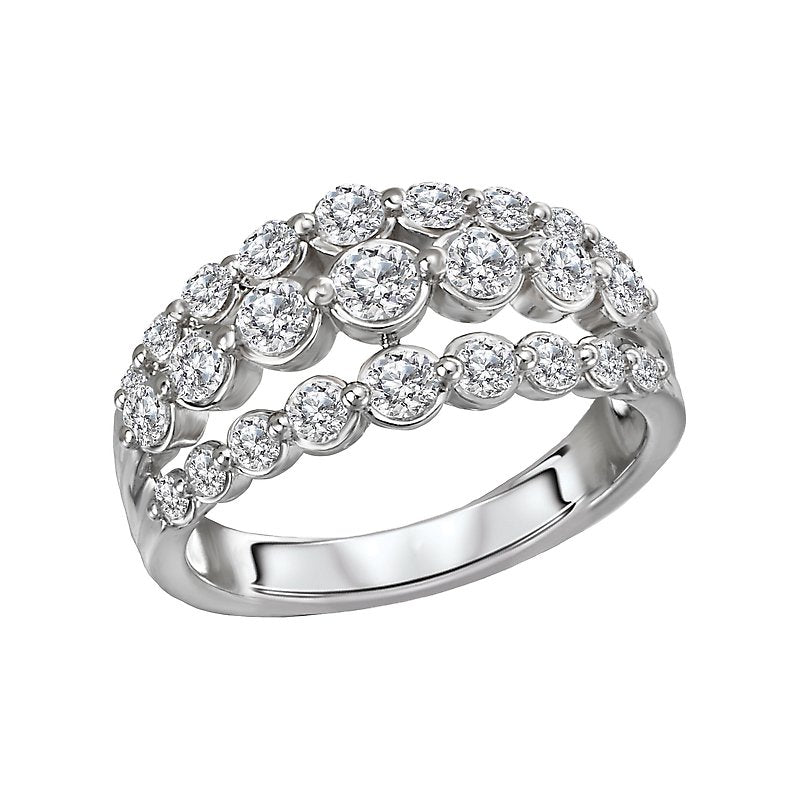 Luxora Classic 14K White Gold 3-Row Round Diamond Ladies Fashion Ring