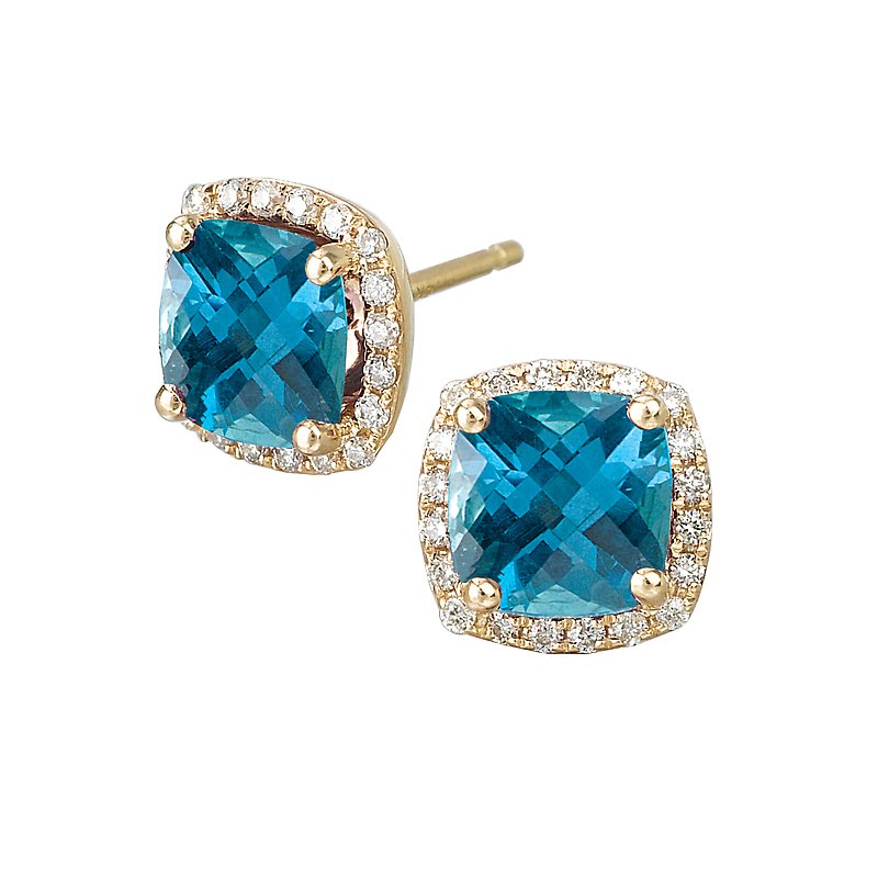 Luxora Blue Topaz Cushion Earrings in 14K Yellow Gold with Diamond Halo