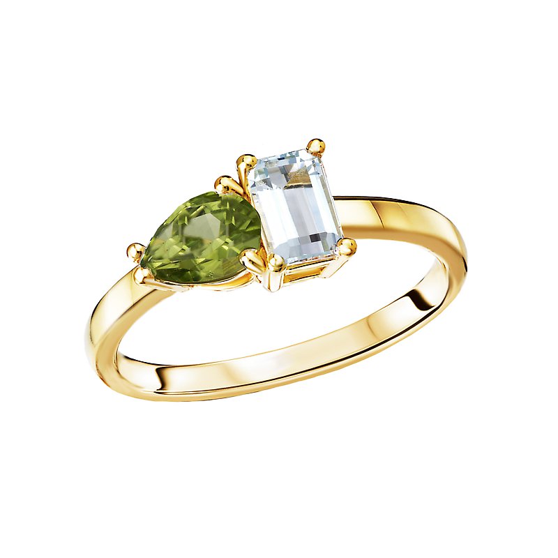Luxora Peridot and Sky Blue Topaz 2-Stone Ring in 14K Yellow Gold