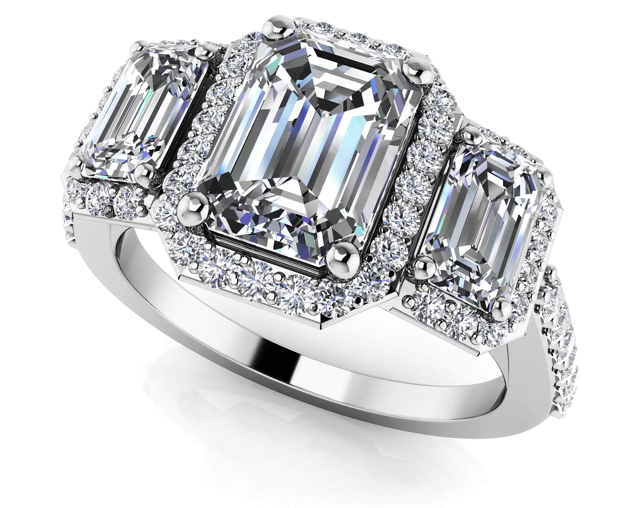 Sparkling Three Stone Emerald Cut Engagement Ring Diamond  with 1.90 ct. (1.00 ct. center diamond)