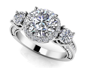Exquisite Three Stone Diamond Halo Engagement Ring Diamond  with 1.12 ct. (0.50 ct. center diamond)