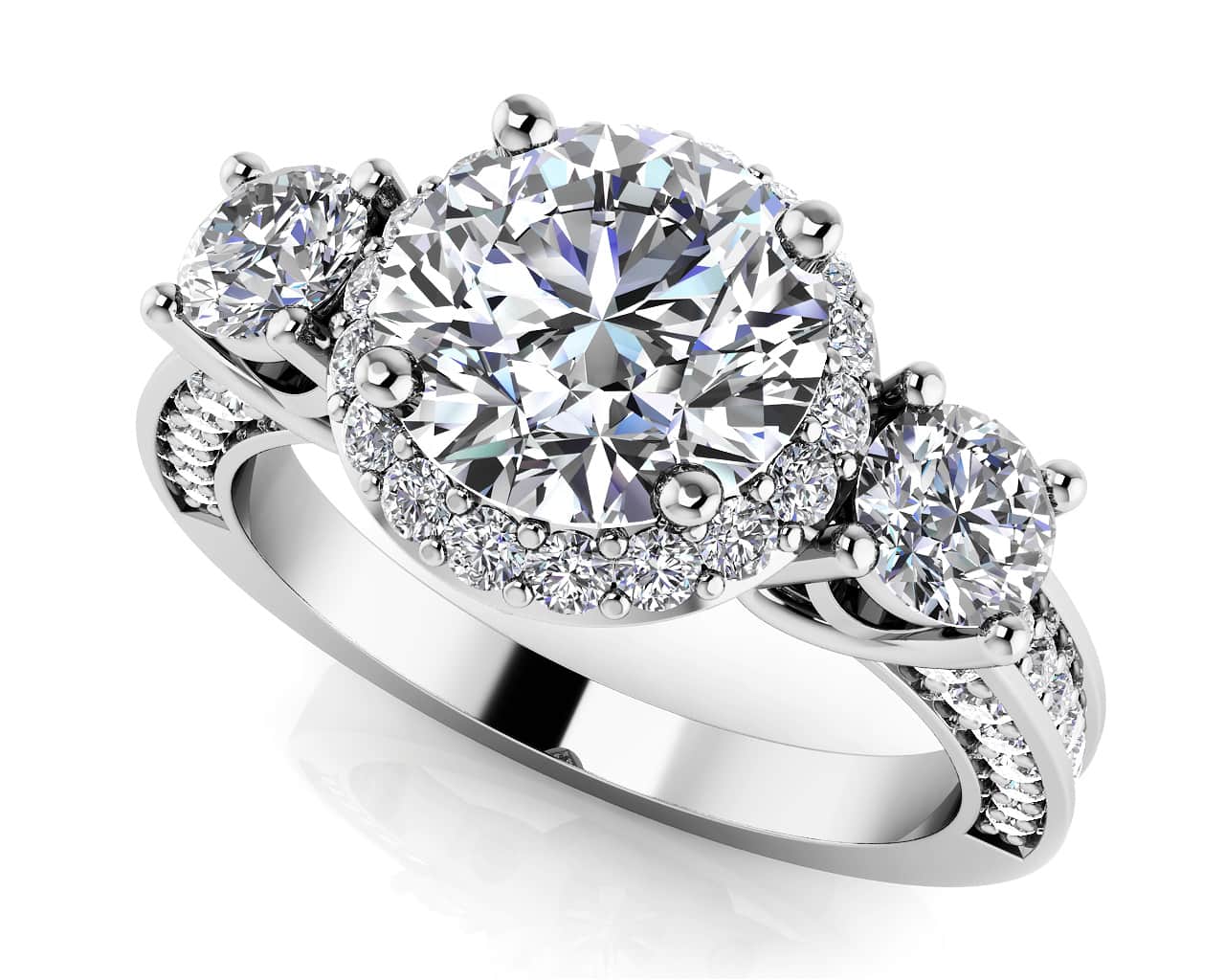 Exquisite Three Stone Diamond Halo Engagement Ring Diamond  with 2.51 ct. (1.50 ct. center diamond)
