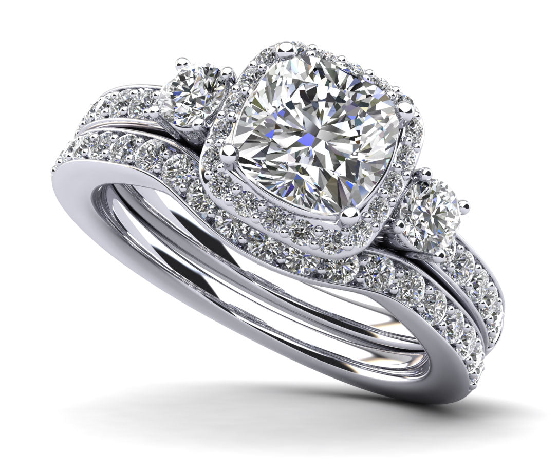 Cushion Cut Halo Diamond Bridal Set Ring with Side Stones Diamond  with 1.82 ct. (1.00 ct. center diamond)