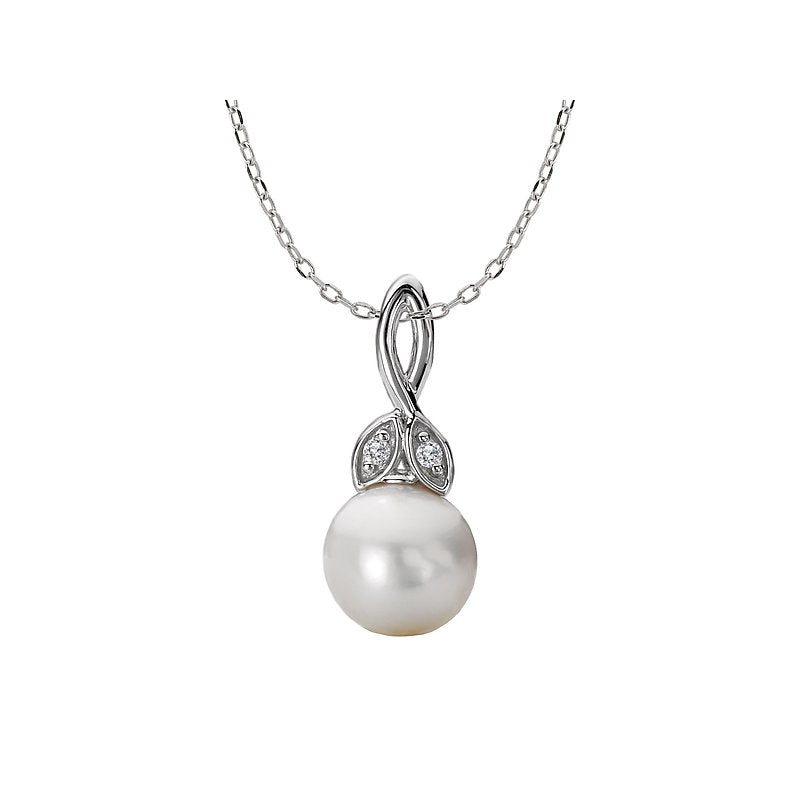 Luxora Ladies Fashion Pearl Pendant - 14K White Gold Diamond Leaf Design