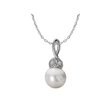 Luxora Ladies Fashion Pearl Pendant - 14K White Gold Diamond Leaf Design