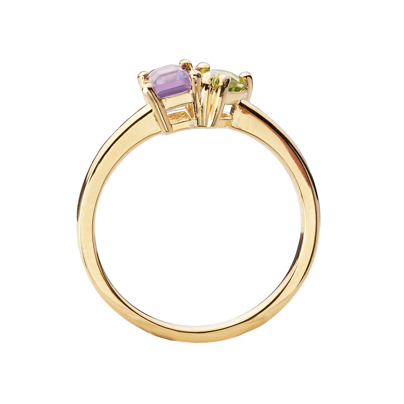 Chic 2-Stone Peridot and Pink Amethyst Ring in 14K Yellow Gold