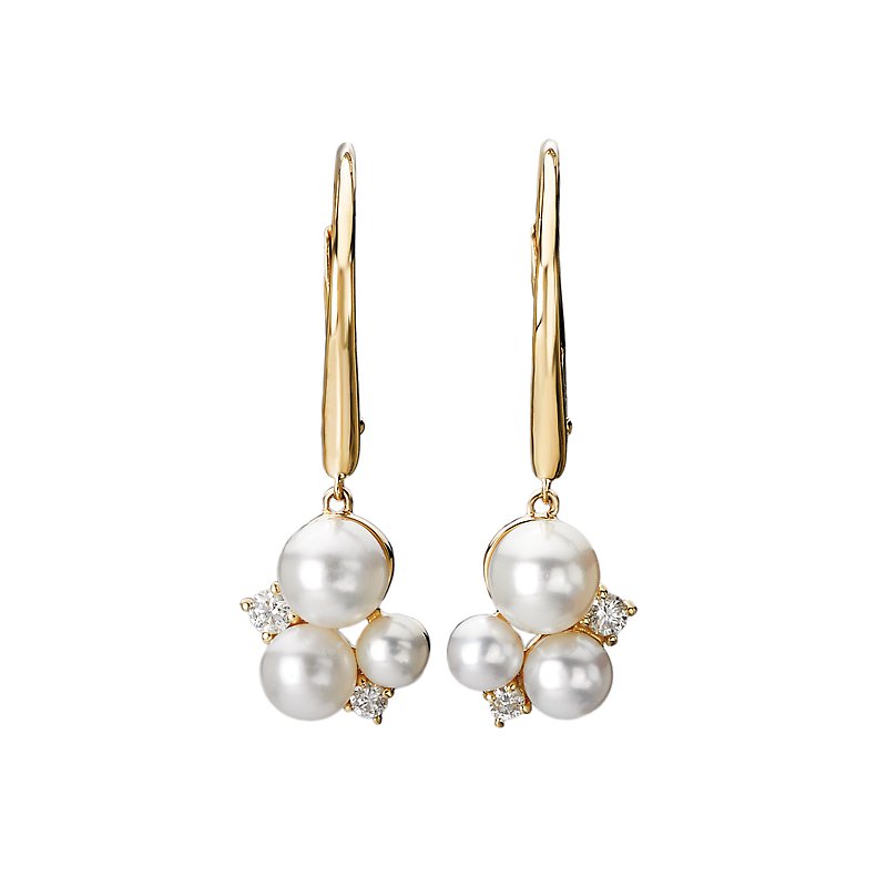 Luxora 14kt Diamond and Pearl Dangle Earrings - Lever-back Style