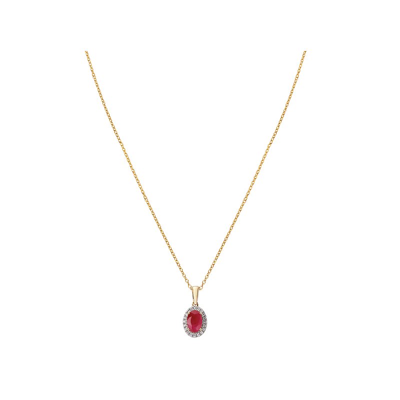 Luxora Oval Ruby and Diamond Halo Fashion Necklace in 14K Yellow Gold