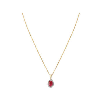 Luxora Oval Ruby and Diamond Halo Fashion Necklace in 14K Yellow Gold