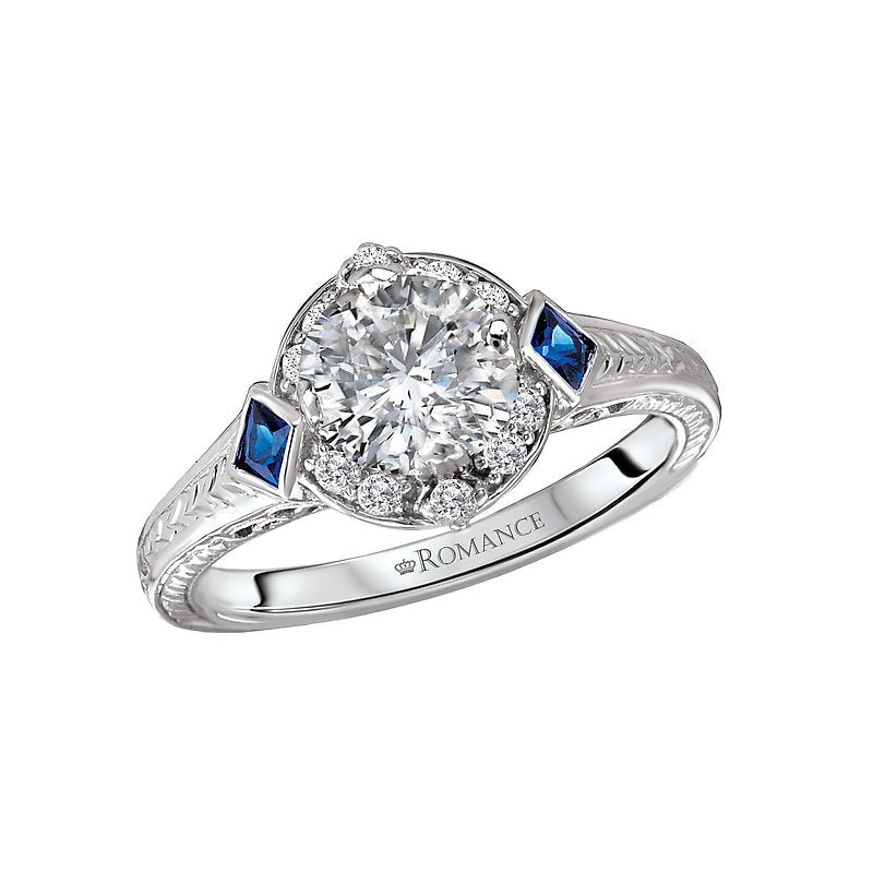 Vintage 14K White Gold Engagement Ring with Lab Grown Diamond, Sapphire, and Engraved Designs