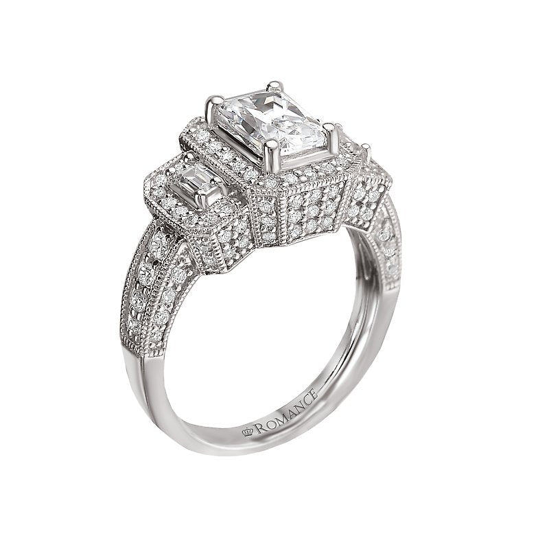 Orbelle Halo Semi-Mount Diamond Ring | 18K White Gold Baguette Accent