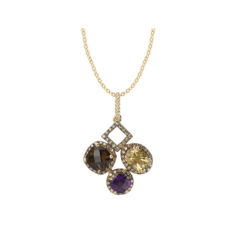 Luxora 14K Yellow Gold Multi-Colored Gemstone Fashion Pendant with Brown Diamond Halos