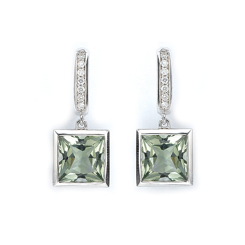 Luxora Princess Cut Green Amethyst Dangle Earrings in 14K White Gold
