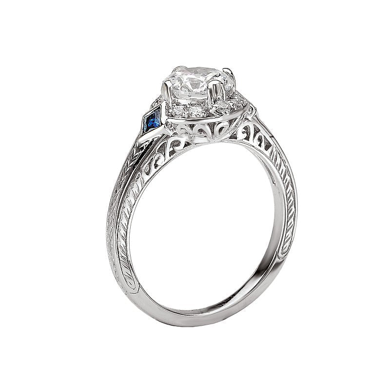 Vintage 14K White Gold Engagement Ring with Lab Grown Diamond, Sapphire, and Engraved Designs