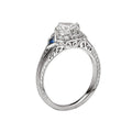 Vintage 14K White Gold Engagement Ring with Lab Grown Diamond, Sapphire, and Engraved Designs