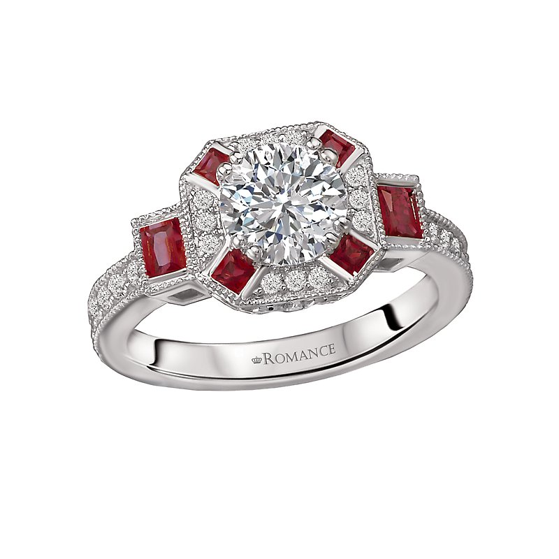Orbelle Ruby and Diamond Halo Semi-Mount Ring in 18K White Gold