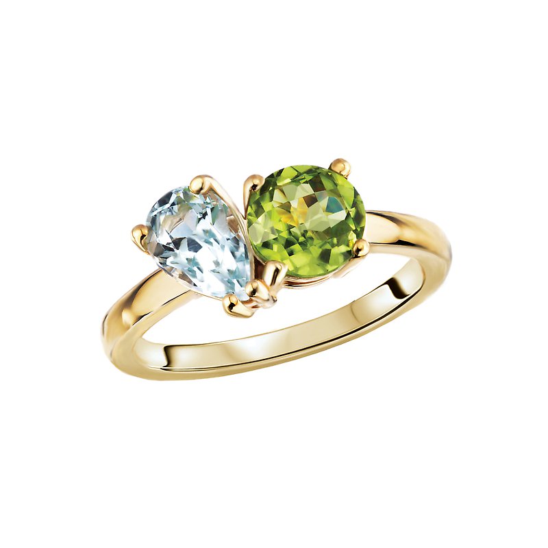 Luxora 14K Yellow Gold Ladies Fashion 3-Stone Ring with Peridot and Sky Blue Topaz