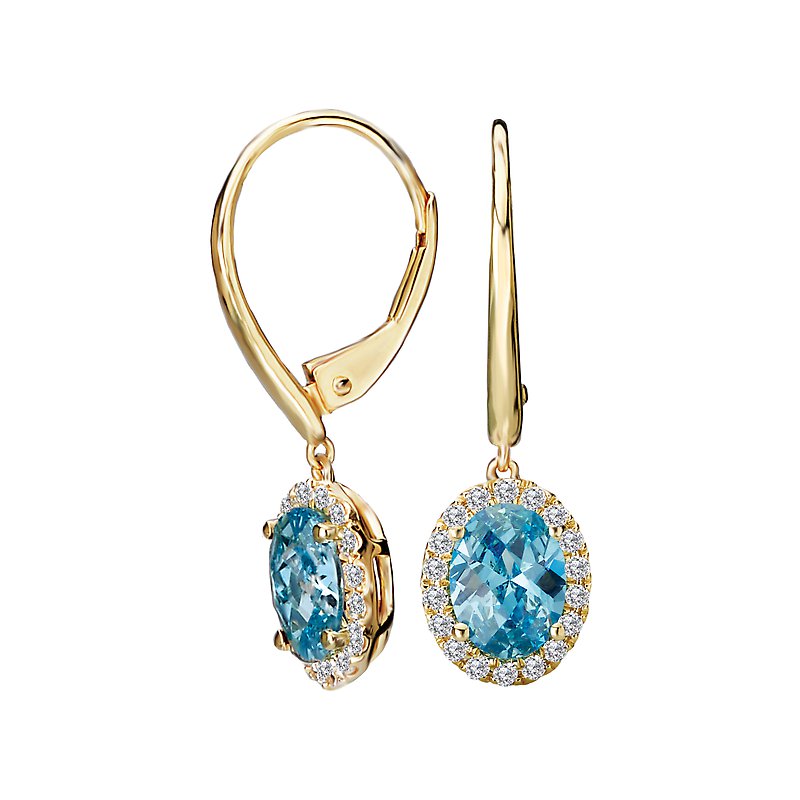 Luxora 14K Yellow Gold Blue Topaz Oval Dangle Earrings with Diamond Halo