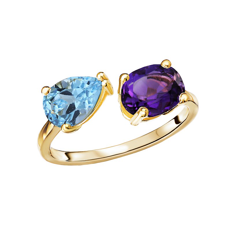 Luxora Amethyst and Swiss Blue Topaz 2-Stone Ring in 14K Yellow Gold