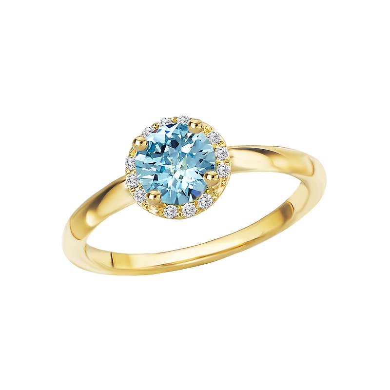 Luxora Ladies Fashion Halo Ring with Swiss Blue Topaz and Diamond in 14K Yellow Gold