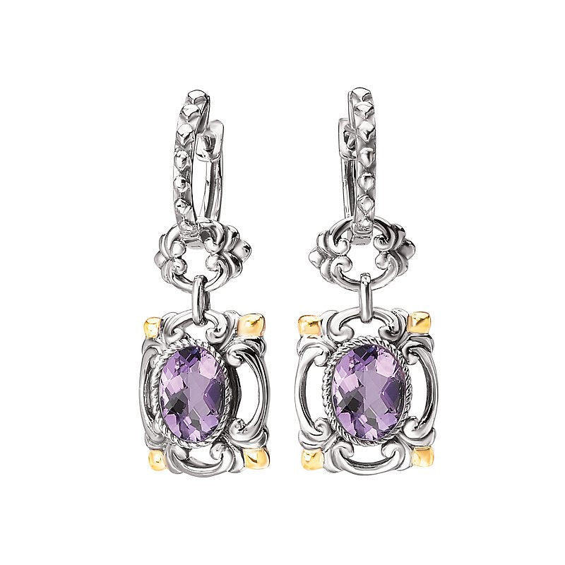 Soloura Amethyst Oval Gemstone Earrings in Two Tone Gold